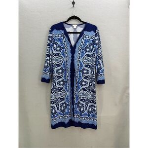 Cache Dress Blue White Print 3/4 Sleeve Sheath Dress Women's XL